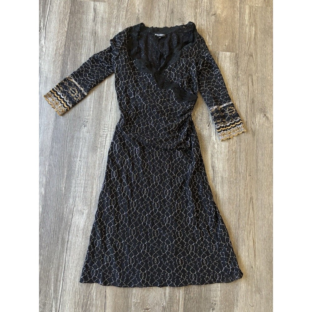 Vintage 90s Betsey Johnson Sheer Lace Midi Dress Black Silver Metallic Wrap M